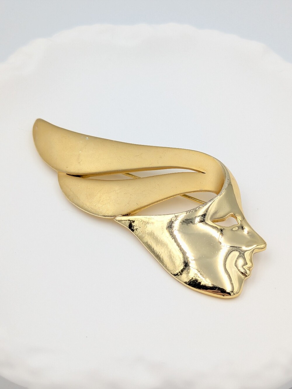 Vintage large feminine women's face hair gold tone brooch pin